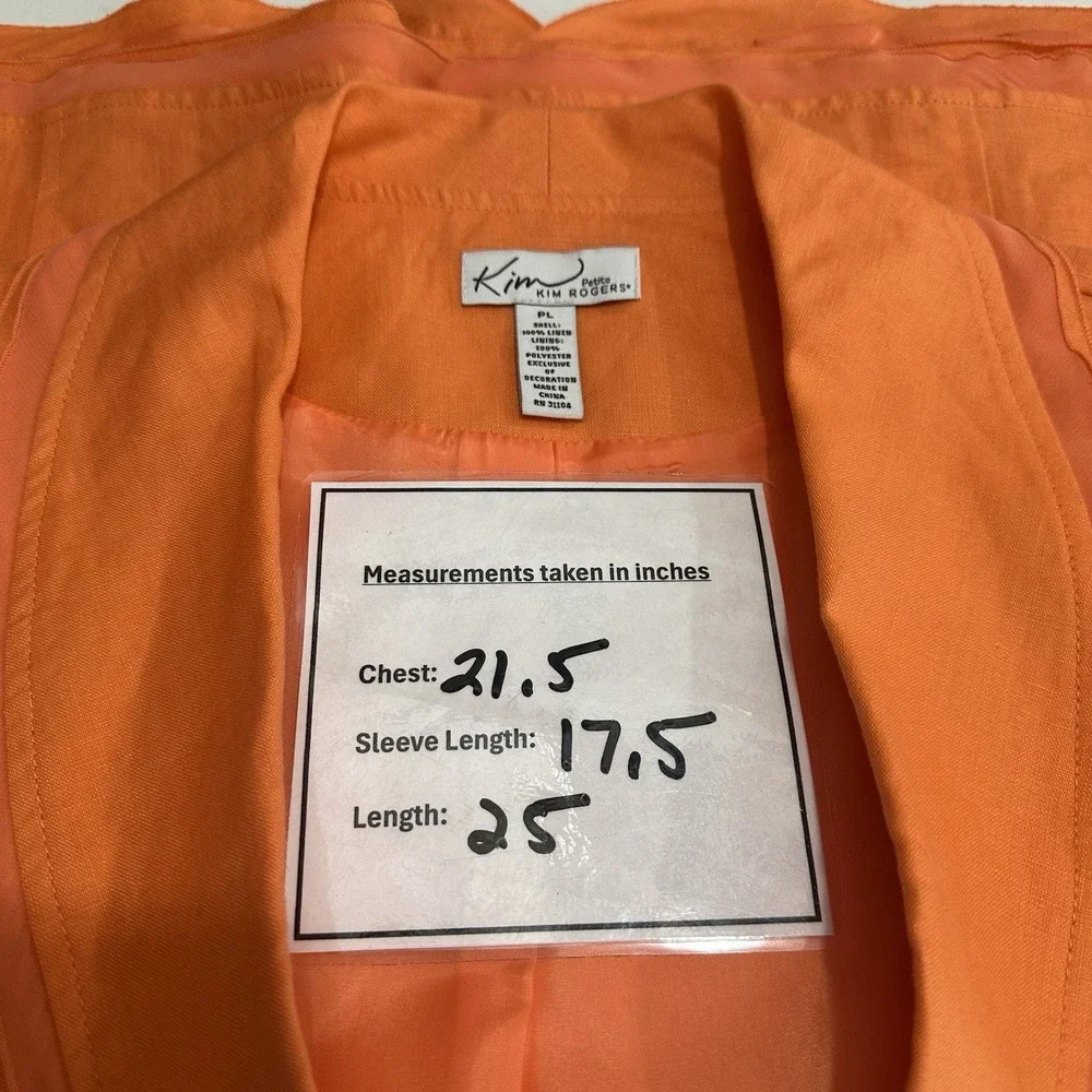 Kim‎ Rogers Petite Orange 100% Linen 3/4 Sleeve Blazer Jacket Womens PL